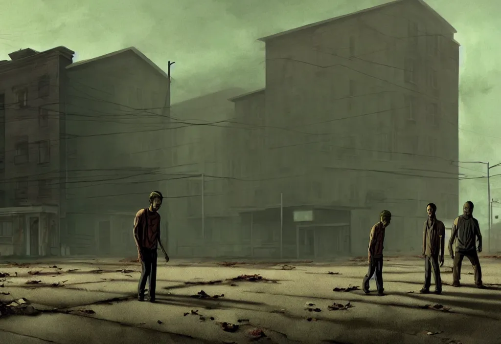 Image similar to cinematic movie still from an animated walking dead movie artwork by tim eitel, bill murray is a zombie in the scene, muted colours, cinematic lighting, abandoned buildings,