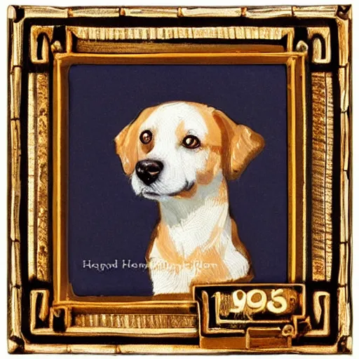 Image similar to painted wooden frame, elegant, 1 9 2 0 s, for a square picture of a happy dog. the frame is ornate and has room for the name tag of the dog. digital art