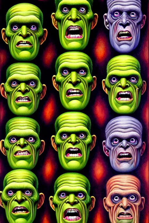 Image similar to a hyperrealistic painting of frankenstein monster heads, cinematic horror by basil wolverton, lisa frank, richard corben, kris kuksi, highly detailed, vivid color,