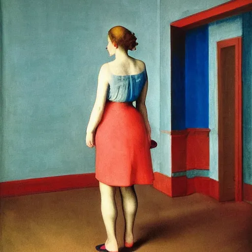 Prompt: a girl in a blue and red haunted liminal abandoned room, film still by edward hopper, by Pontormo, by klimt, art noveau, highly detailed, strong lights, liminal, eerie, Bright pastel colors