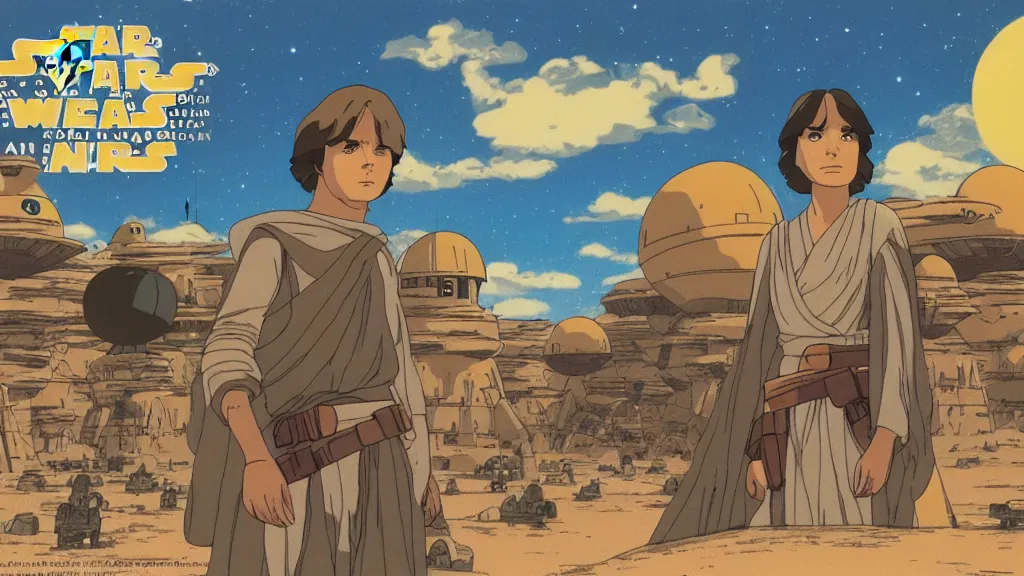 Image similar to wide shot tatooine landscape Star Wars a new hope 1977 studio ghibli Miyazaki animation highly detailed 70mm