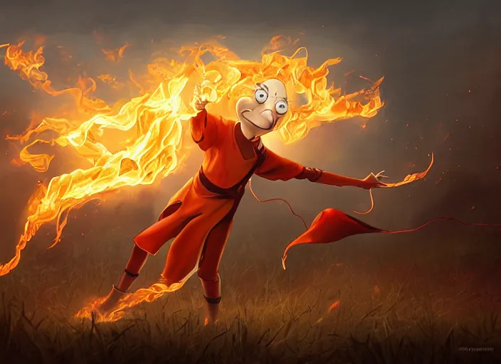 Image similar to squidward wearing fire nation clothing and practicing firebending in an open field at susnset, digital art, highly detailed, intricate, 8 k, greg rutkowski, artgerm