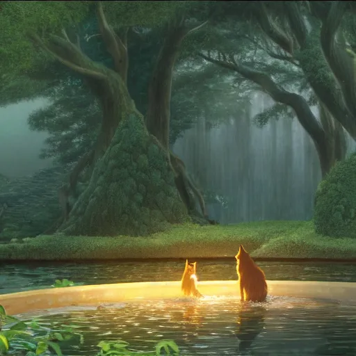 Prompt: wolf, forest, drinking water from an illuminated pool, hayao miyazaki, masashi ando, nizou yamamoto, kazuo oga, joe hisaishi, yoji takeshige, naoya tanaka