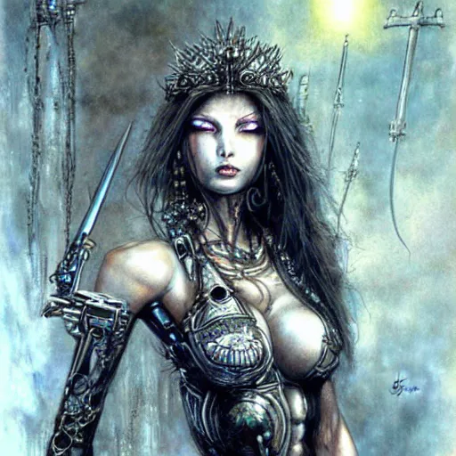 Image similar to cyborg princess, painting by Luis Royo