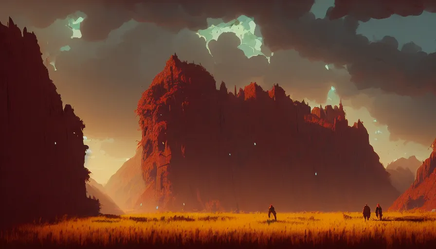 Image similar to highly detailed matte painting of a hostile thunderoud rural landscape by atey ghailan, by greg rutkowski, by greg tocchini, by james gilliard, by joe fenton, red, brown, black and yellow color scheme, octane render