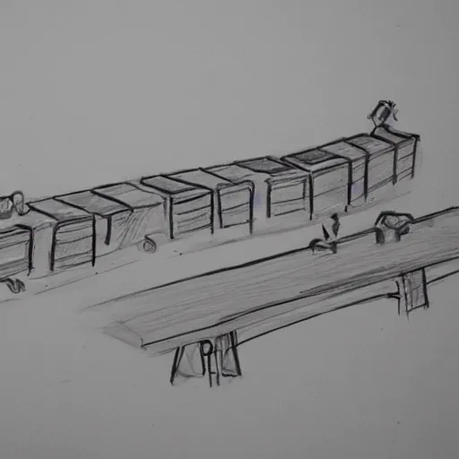 Prompt: table train, drawing, sketch, on paper