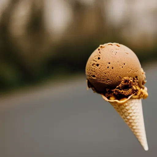 Image similar to a detailed photograph of a levitating ice cream cone that looks like a rotten tooth