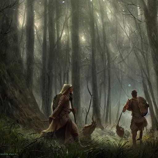 Prompt: cinematic shot our ancestors hunting an animal in the forest while there is rain and stars in the air digital painting, artstation, concept art, soft light, hdri, smooth, sharp focus, illustration, fantasy, intricate, elegant, highly detailed, D&D, matte painting, in the style of Greg Rutkowski and Alphonse Mucha and artemisia, 8k, highly detailed, jurgens, rutkowski, bouguereau, pastoral, rustic, georgic