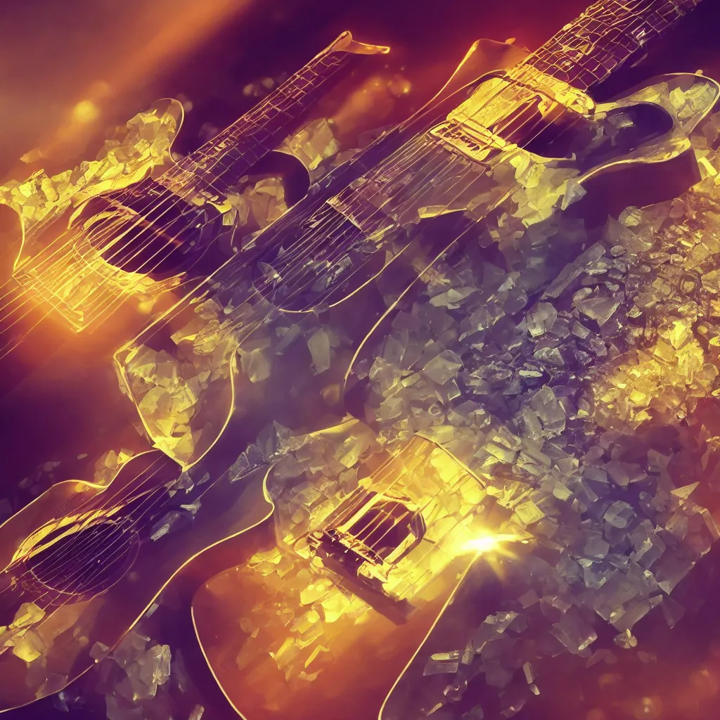 Prompt: guitar, crystal, art station, volumetric lighting, beautiful, golden hour, sharp focus, ultra detailed, concept art