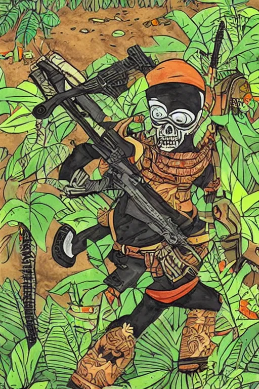 Prompt: a ninja sneaking around in the jungle surrounded by skeletons with ak - 4 7 artwork by eko nugroho