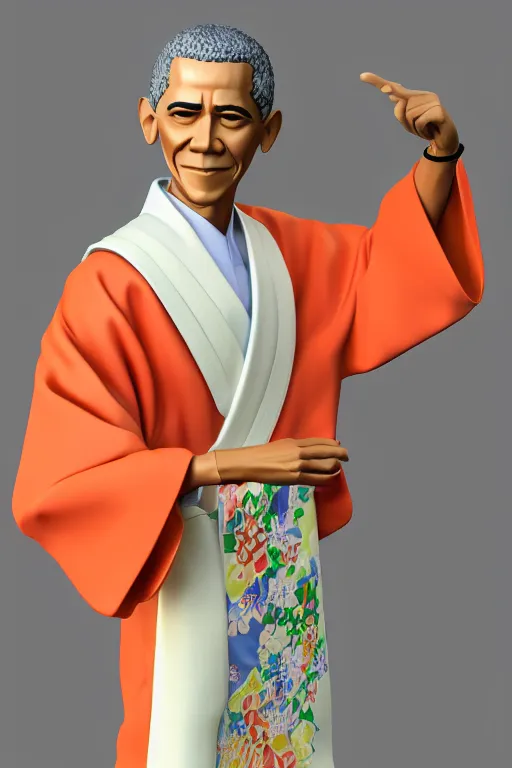 Prompt: full body 3d render of barack obama as an anime figurine wearing a beautiful kimono, shinto shrine, blender, trending on artstation, 8k, highly detailed, bokeh, depth of field