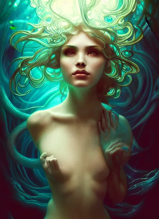 Image similar to an underwater photographic beauty portrait of an anthropomorphic bioluminescent liquid wave, dramatic murky volumetric lighting, fantasy, intricate, elegant, highly detailed, digital painting, artstation, concept art, smooth, sharp focus, illustration, art by artgerm and h r giger and alphonse mucha