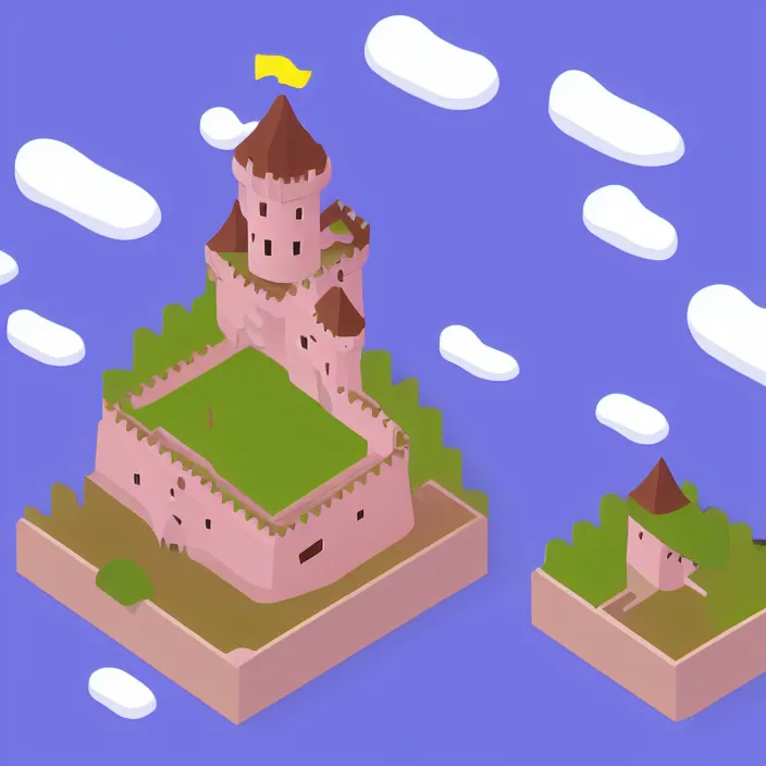 Image similar to isometric cartoon art of a small castle, white background