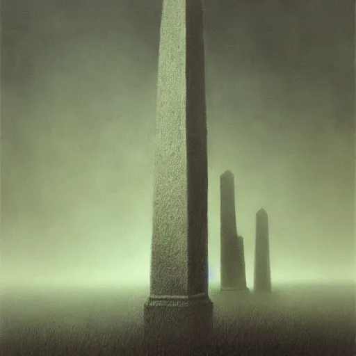 Prompt: arm reaching out of thick fog, tall skinny obelisks in background, intricate zdzislaw beksinski