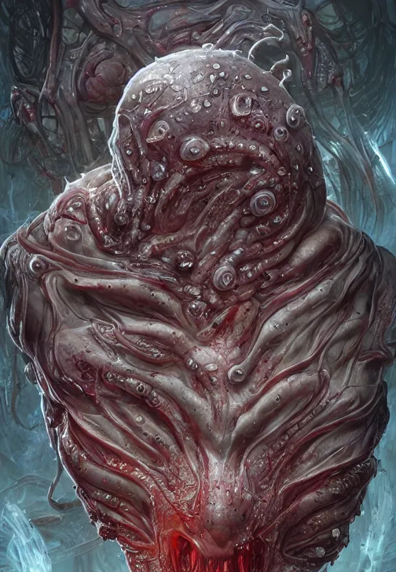 Image similar to portrait of a bloodied ornate filigreed slime dripping genderless insect alien monster, muscles, rippling, space warping and twisting, ultra realistic, concept art, intricate details, eerie, highly detailed, photorealistic, octane render, 8 k, unreal engine. art by artgerm and greg rutkowski and alphonse mucha