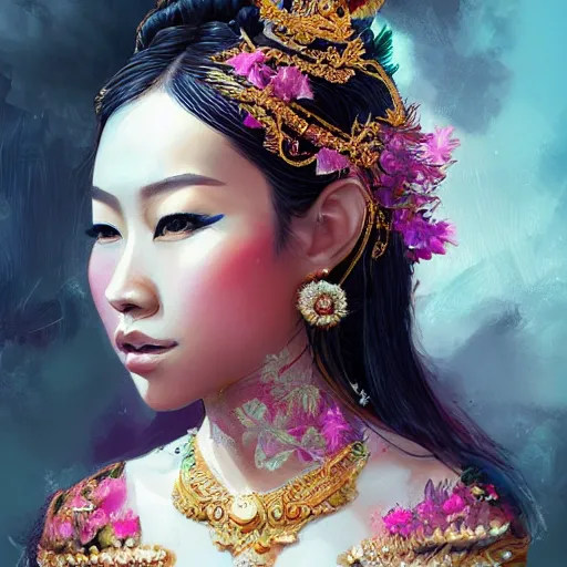 Image similar to a stunning artstation style portrait painting of a beautiful bali princess by kittichai rueangchaichan, in the style of WLOP, floralpunk, Artstation, intricate details, cinematic lighting, pristine clean design, realistic, irresistable, insanely detailed