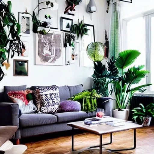 Image similar to living room interior design with style of japandi, ikea, warm wood, urban jungle plants, dark tile floor, art wall, music instruments, music records