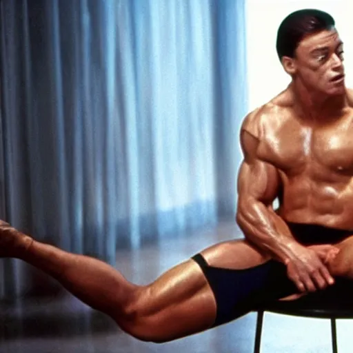 Image similar to cinematic still, young Jean Claude Vandamme doing the splits with a foot placed on separate chairs, dramatic lighting ,award winning,