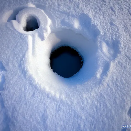 Prompt: a top down view of a hole in the snow with a wormhole that leads into another dimension, highly detailed, National Geographic Photo