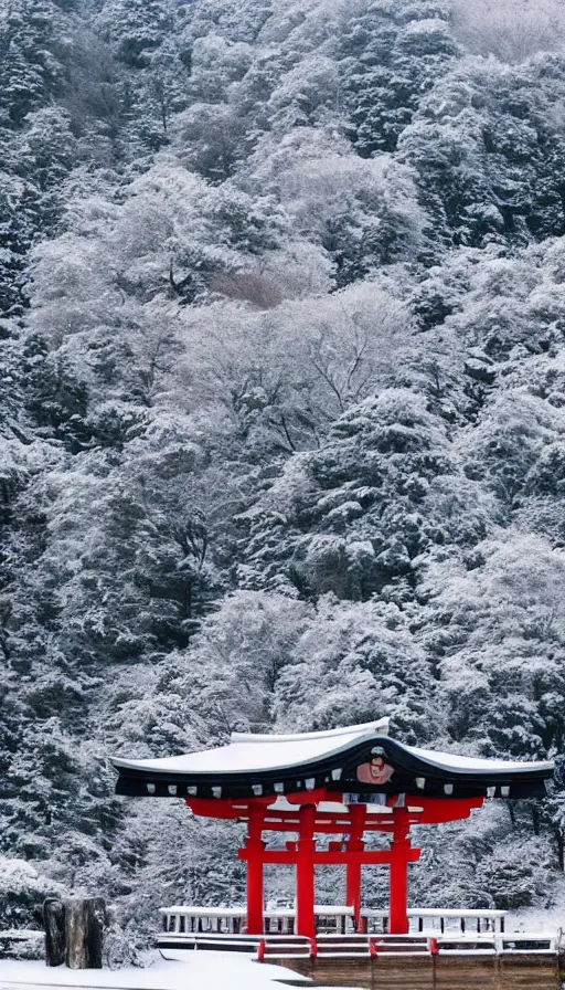 Image similar to a shinto shrine atop a mountain,snowy,beautiful,nature,distant shot,isometric