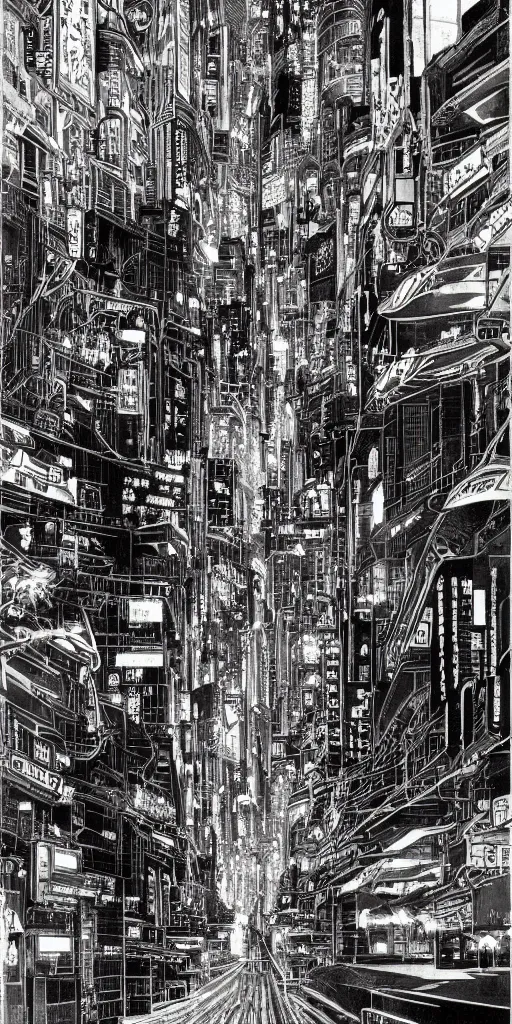 Prompt: beautiful and detailed anime drawing of an AKIRA-like cyberpunk city landscape with light trail from a motorcycle at the bottom and a bridge silhouette at the top, japan at night, 1980s, by Katsuhiro Otomo and mamoru oshii, wide angle, worm\'s eye view, grand, clean, colorful