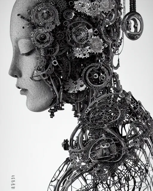 Image similar to black and white dreamy foggy smoky profile face portrait, one silver steampunk realistic eye biomechanical beautiful young female cyclope - cyborg - robot bust, body ribs meshes,, volumetric light, hibiscus flowers, by hg giger, rim light, by dora maar and cecile beaton, big gothic fashion pearl embroidered collar, 8 k