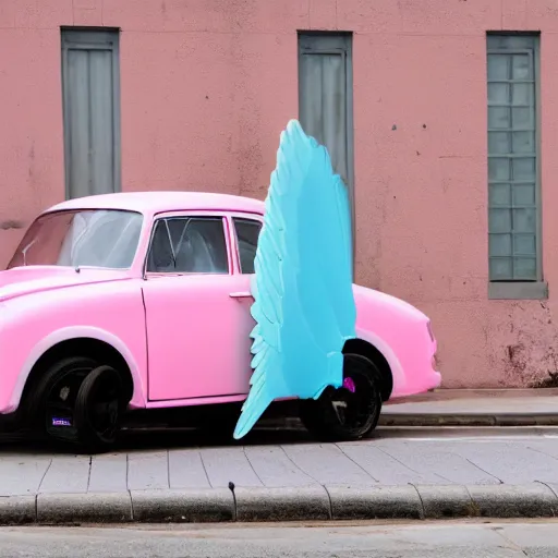 Image similar to a pastel pink car with wings