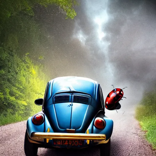 Prompt: promotional scifi - blockbuster movie scene of an insect - ladybug is mostly melded with a'glossy volkswagen beetle '. it wings and is flying down a dusty backroad along a gentle creek in smokey mountains tennessee. cinematic, muted dramtic color, 4 k, imax, 7 0 mm, hdr