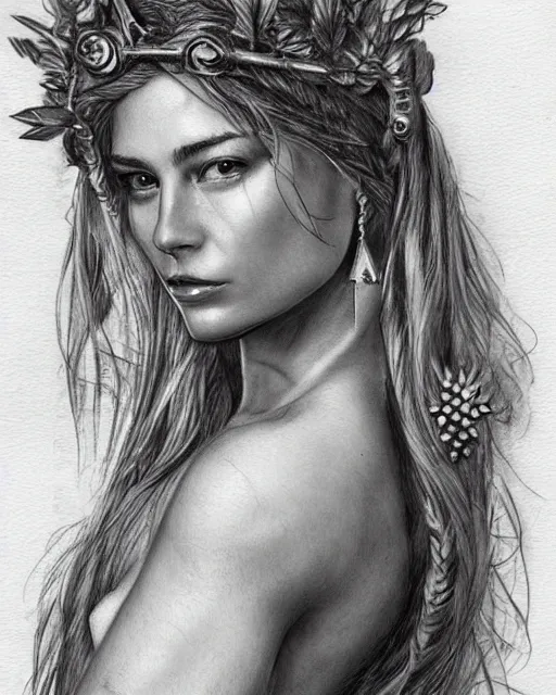 Prompt: realism tattoo sketch of jessica hart as a beautiful greek goddess aphrodite with piercing eyes wearing a laurel wreath and triangle earrings, in the style of greg rutkowski, amazing detail