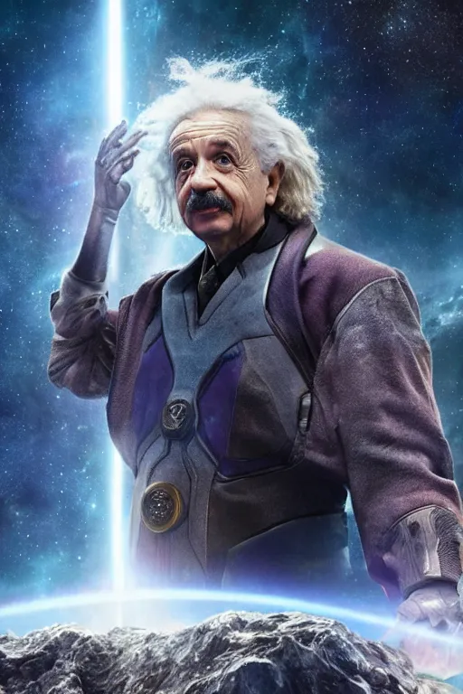 Prompt: A still of Albert Einstein as Thanos in Avengers Endgame, close-up, sigma male, rule of thirds, award winning photo, unreal engine, studio lighting, highly detailed features, interstellar space setting