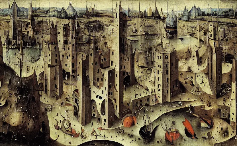 Prompt: A mysterious brutalist city by Hieronymus Bosch