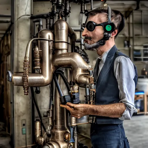 Image similar to A random pointless contraption ((steampunk)) industrial appliance pneumatic machine with no apparent purpose, being operated by a scholarly looking man with a clear directed gaze, XF IQ4, f/1.4, ISO 200, 1/160s, 8K, RAW, unedited, symmetrical balance, in-frame