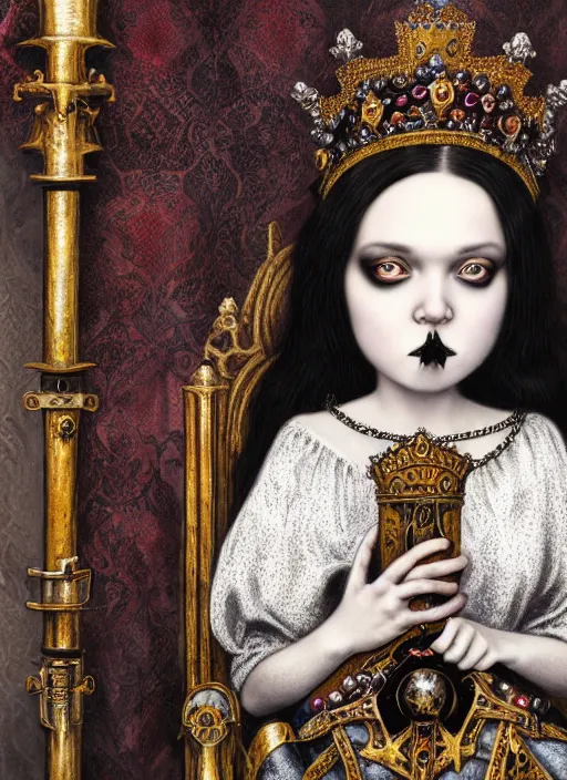 Image similar to highly detailed closeup portrait of a goth medieval princess wearing a crown and a gas mask sitting on a throne, nicoletta ceccoli, mark ryden, lostfish, global illumination, god rays, detailed and intricate environment