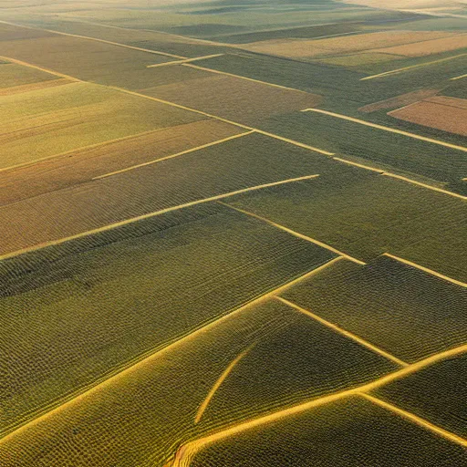 Prompt: view from a helicopter of Midwest farmland, extreme detail, photograph, by greg rutkowski