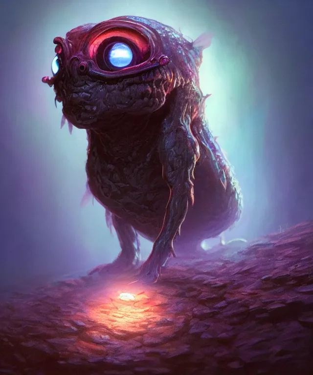 Image similar to a tiny critter with enormous eyes made of bioluminescence, fantasy, elegant, crisp 8 k line work, emissive lighting, digital painting, artstation, unreal engine, octane render, concept art, matte, sharp focus, illustration, art by bob eggleton