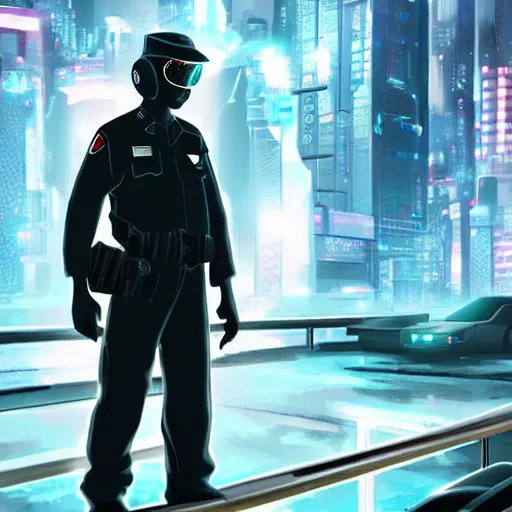 Image similar to a cop in a futuristic cyber punk like city that is investigating a crime while smoking a cigarette