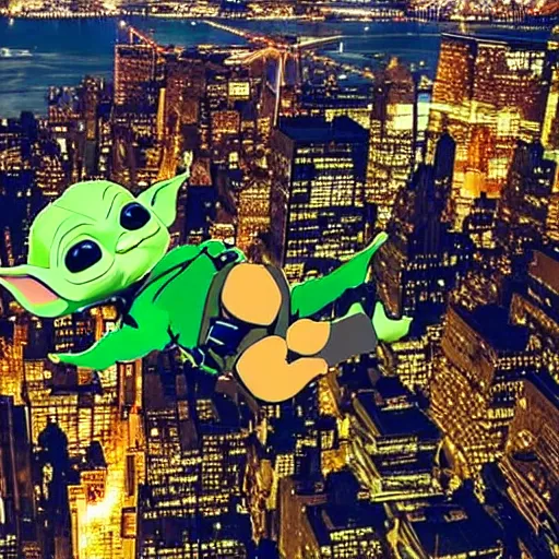 Prompt: baby yoda skydiving onto new York city at night