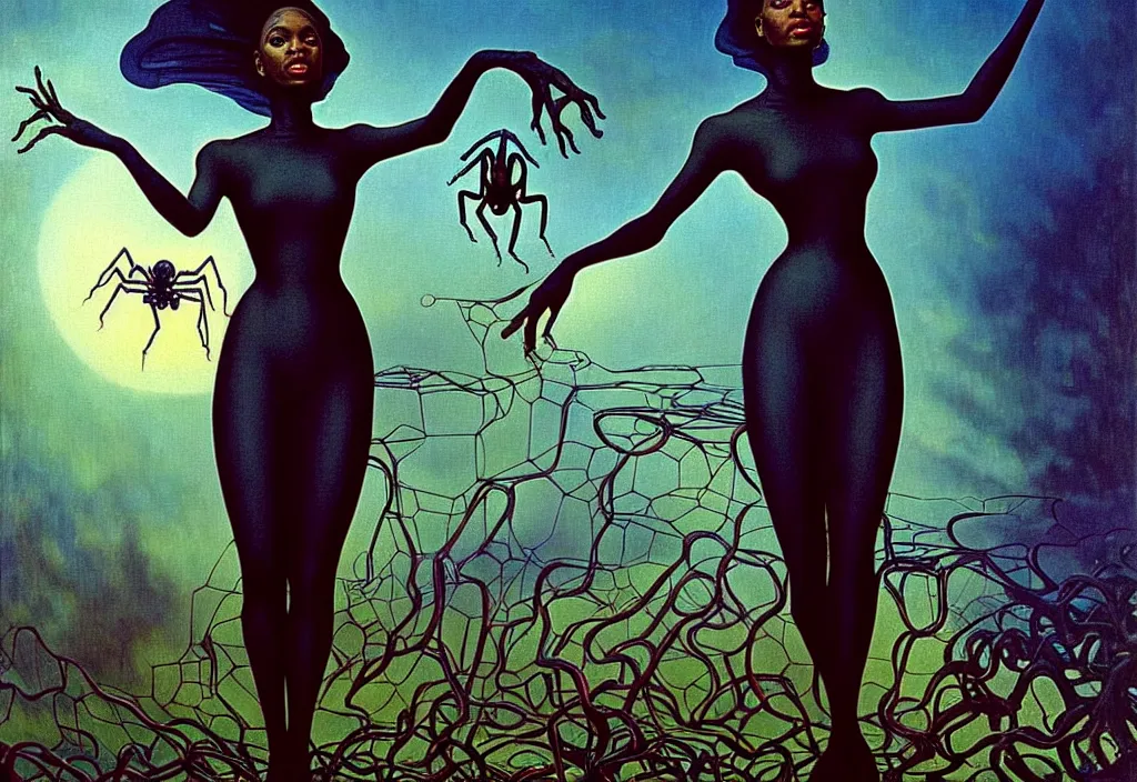 Image similar to realistic detailed portrait movie shot of a single beautiful black woman in a transparent sheer fabric dress dancing with a giant spider, futuristic sci fi landscape background by denis villeneuve, jean delville, yves tanguy, ernst haeckel, alphonse mucha, max ernst, monia merlo, roger dean, sci fi necklace, masterpiece, dreamy, rich moody colours