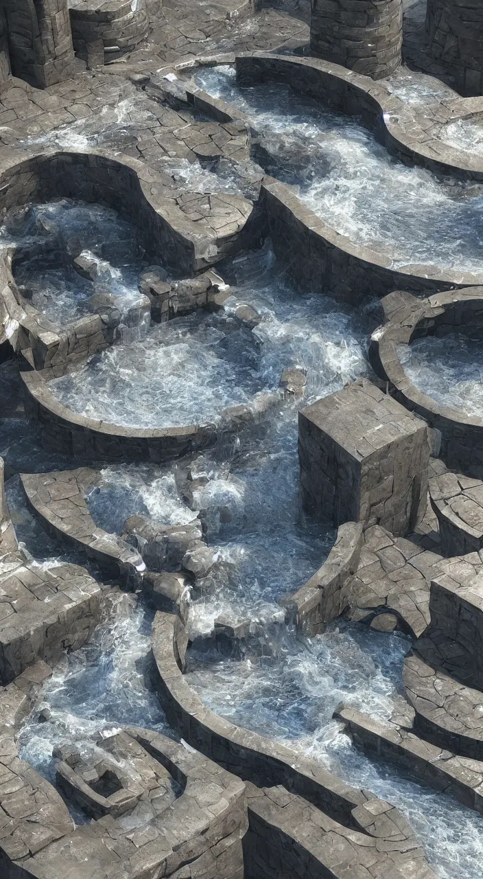 Image similar to a stream of water entering into a machine made from 6 amphoras and producing a large coin, futuristic, 3 d render, isometric, engineering, dynamic lighting.