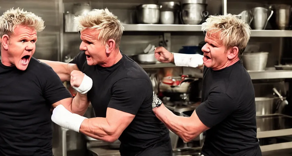 Image similar to photo of angry furious Gordon Ramsay punching Gordon Ramsay at the kitchen