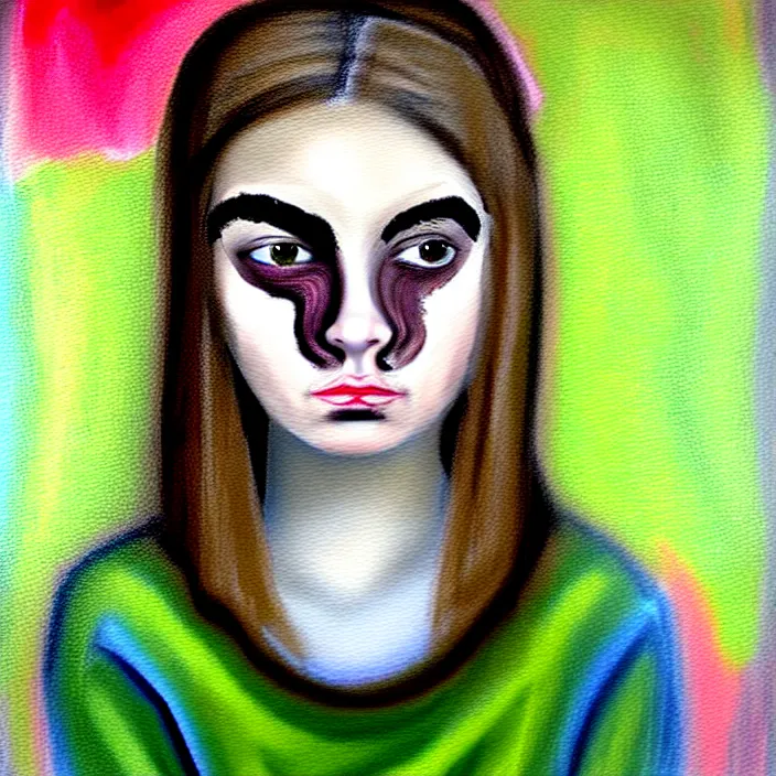 Image similar to nice quality and nice everything painting of a nice portrait of the girl with nice facial features, thick eyebrows, dark shadows under eyes, bright eyes sweater and shorts, at the psych ward laughing at the viewer, style is very Baroque, softly shadowed, enjoyable, ultra quality film still with provio. rendered with 3D effect.