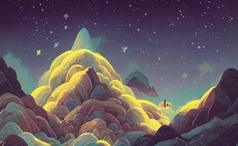 Prompt: mountains, stars and paisley filled sky, artstation, intricate, highly detailed, digital painting, concept art, sharp focus, illustration by Benjamin Lacombe and James Gilleard