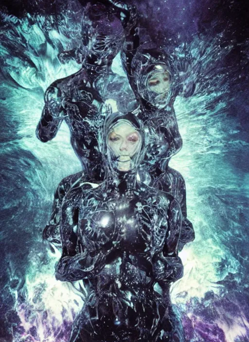 Image similar to astronauts girls in dark void underwater - complex and hyperdetailed technical suit design. reflection and dispersion materials. rays and dispersion of light. volumetric light. f / 3 2. noise film photo. flash photography. ultra realistic, 5 0 mm. poster by wayne barlowe, hajime sorayama aaron horkey, craig mullins