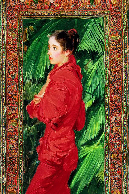 Image similar to a girl with arabesque red and green and golden detailed scarf on persian carpet, mexican palms in back, painting by john singer sargent