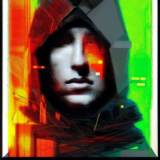 Prompt: portrait of a hooded character wearing a cyberpunk visor, digital ui, by Guy Denning, by Johannes Itten, glitch art, hacking effects, glitch effects, chromatic, color blocking, oil on canvas, concept art, abstract