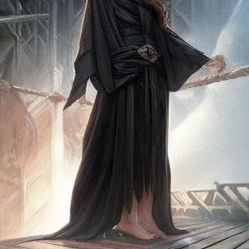 Prompt: dramatic pale rogue in black robes on a ship deck, fantasy, D&D, portrait, piercing stare, highly detailed, digital painting, artstation, concept art, matte, sharp focus, illustration, art by artgerm and greg rutkowski and alphonse mucha