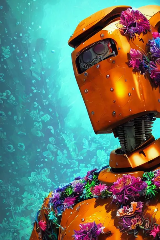 Prompt: closeup, underwater digital painting of a robot wearing a suit made of flowers, character portrait by fillip hodas, cgsociety, panfuturism, made of flowers, holographic, synthwave, vaporwave