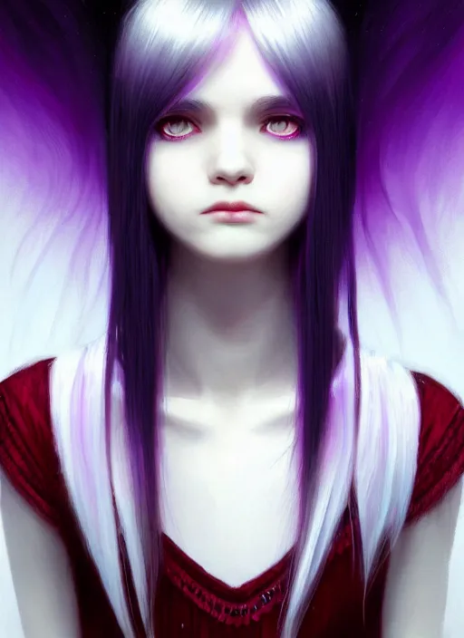 Image similar to hair blackbangs hair, white hair, blackbangs, portrait of teenage girl with white hair, red irises, purple clothes, black bangs, bangs are different color from hair, intricate, elegant, glowing lights, highly detailed, digital painting, artstation, concept art, smooth, sharp focus, illustration, art by wlop, mars ravelo and greg rutkowski