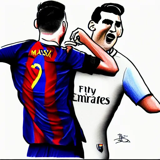 Prompt: Ronaldo choking Messi, illustration, sketch