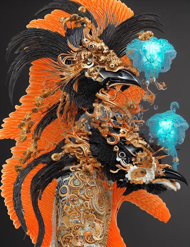 Image similar to 3 d goddess close - up profile portrait biomechanics with ram skull. beautiful intricately detailed japanese crow kitsune mask and clasical japanese kimono. betta fish, jellyfish phoenix, bio luminescent, plasma, ice, water, wind, creature, artwork by tooth wu and wlop and beeple and greg rutkowski. gold and black and teal and orange color scheme